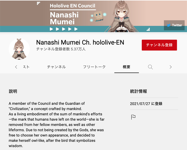 Nanashi Mumei （七詩ムメイ【ななし むめい】）,デビュー,チャンネル登録